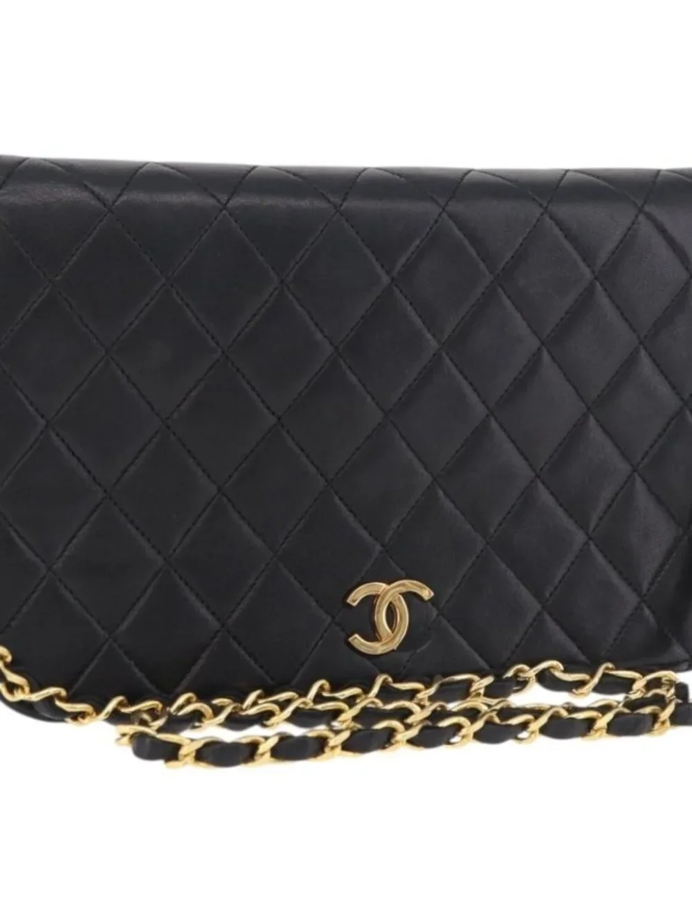 CHANEL Matelasse Chain Shoulder Bag Lamb Skin Black Gold CC Auth 184564
